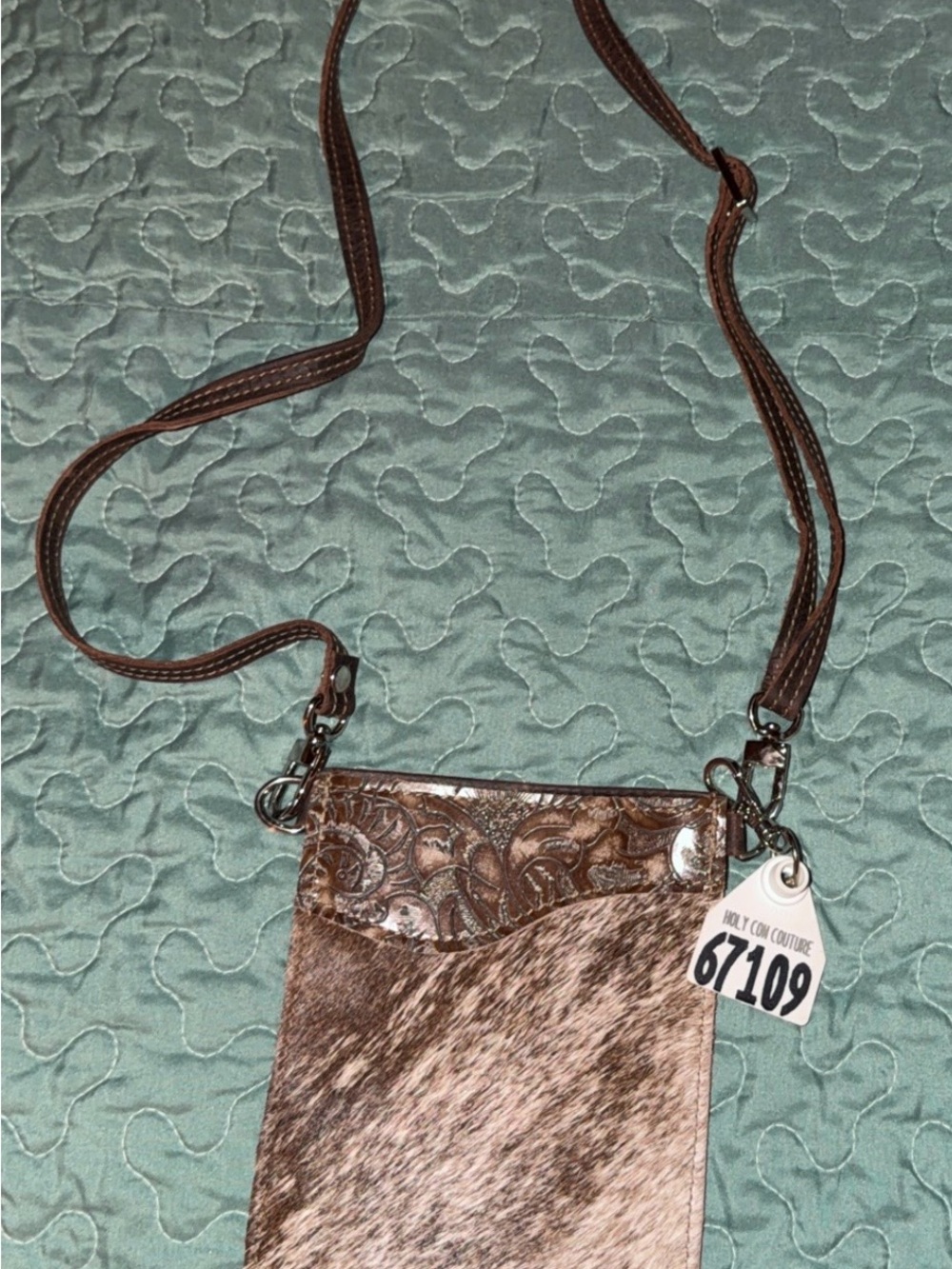 Brown Haircalf & Tooled Leather Crossbody Bag